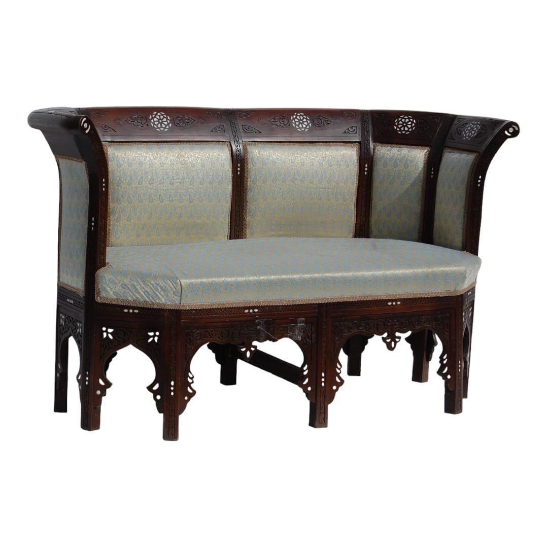 Vintage upholstered mother of pearl bench, wooden Levantine furniture