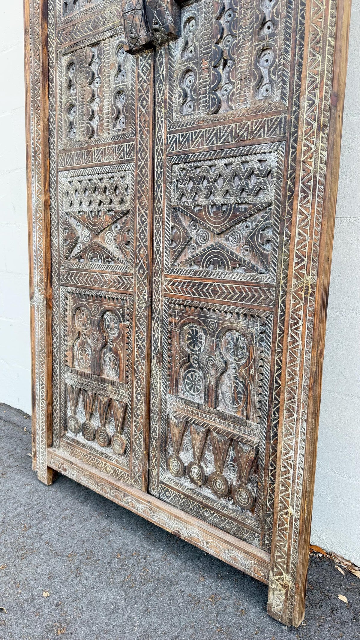 Vintage Carved Cedar Wood Door: Berber Tribal Symbols, 74.5" x 36.5"
