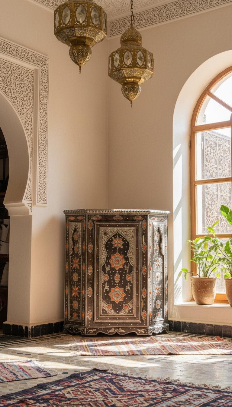 Handcrafted Inlay Bone Corner Cabinet - Moroccan Berber Ethnic Decor