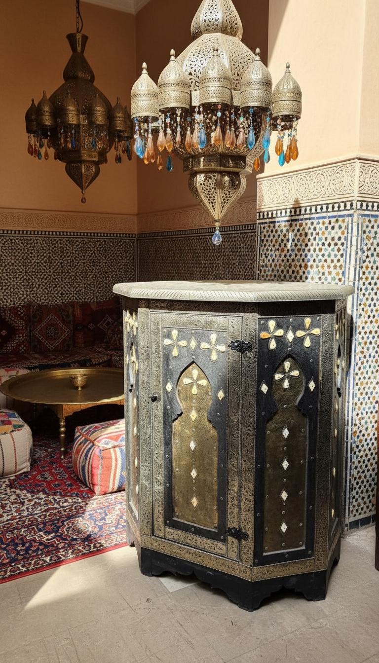 Handcrafted silver Inlay Bone Corner Cabinet - Moroccan Ethnic Decor