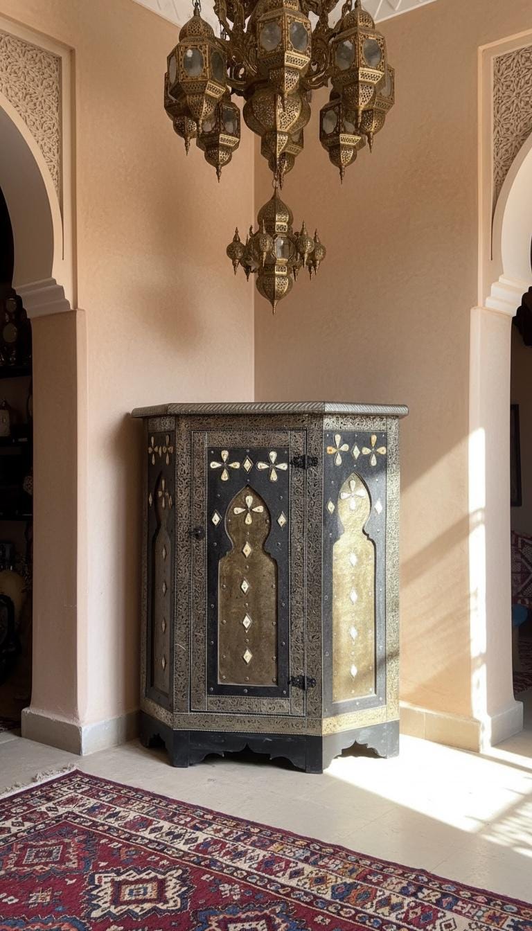 Handcrafted silver Inlay Bone Corner Cabinet - Moroccan Ethnic Decor