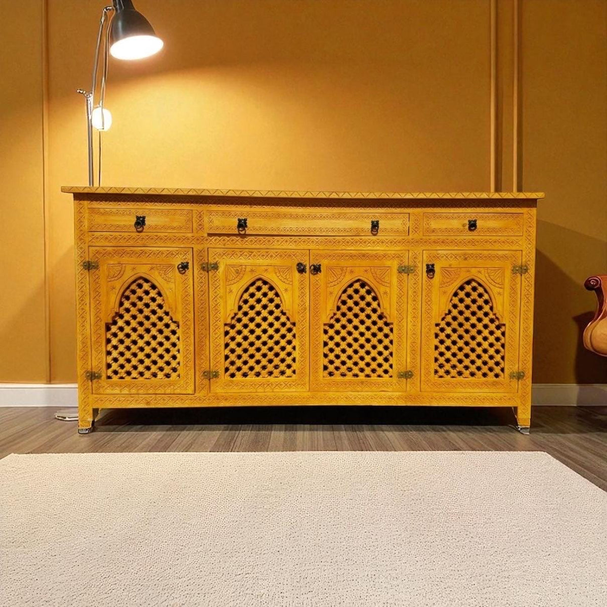 Eclectic Handmade Moroccan Wooden Credenza, Lattice Artwork Buffet