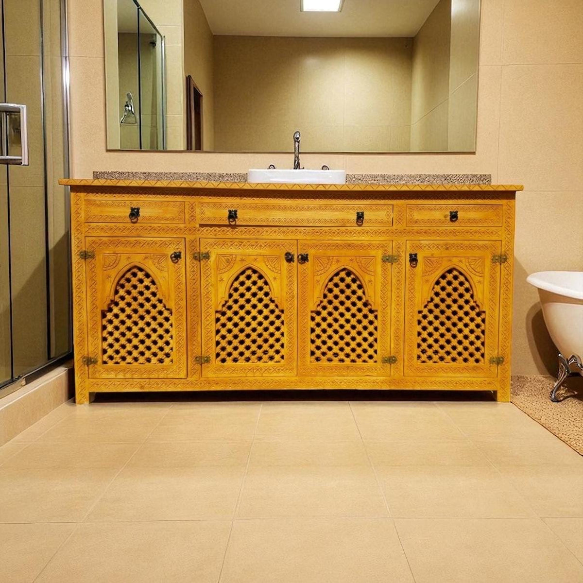 Eclectic Handmade Moroccan Wooden Credenza, Lattice Artwork Buffet