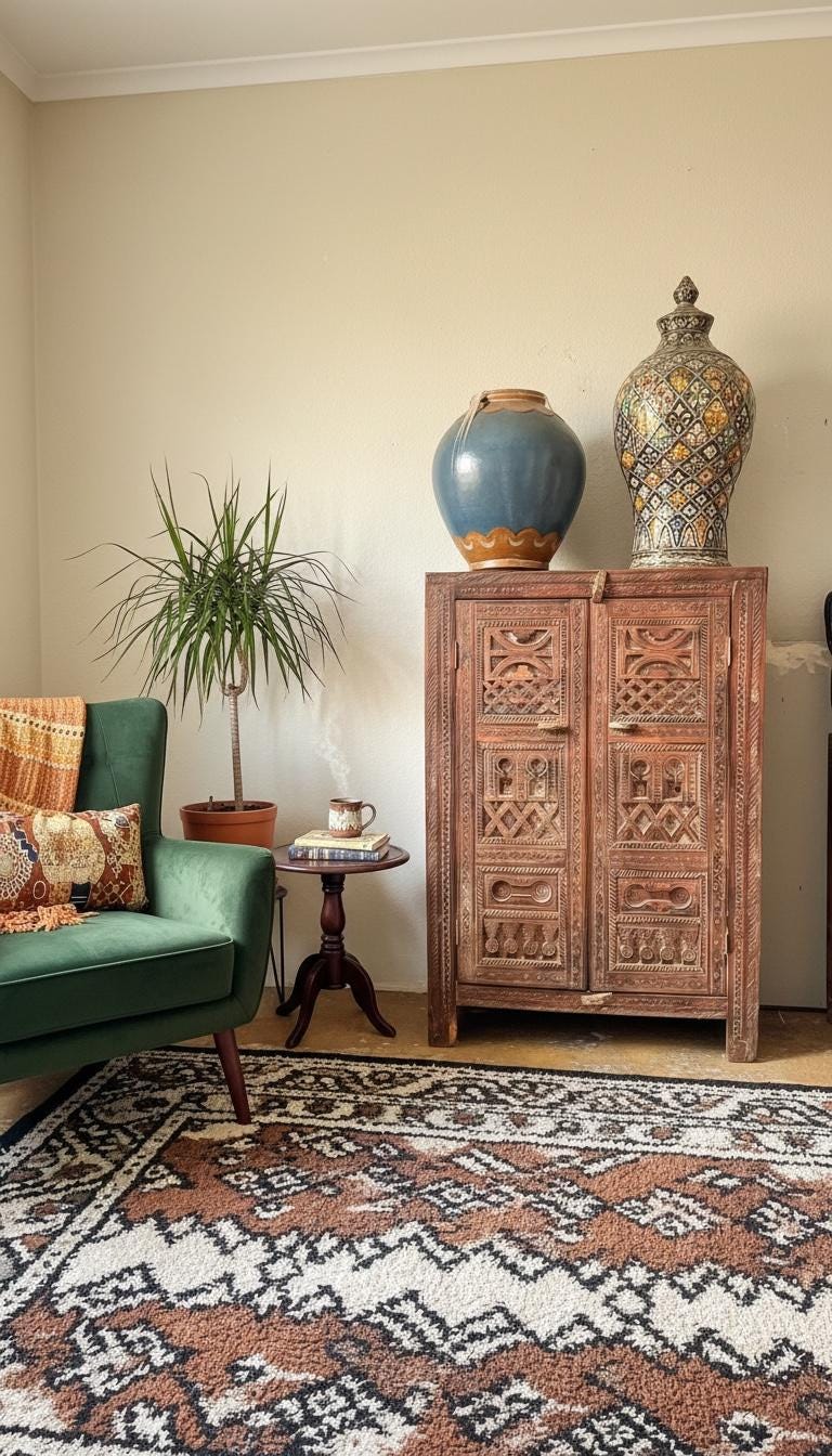 Hand-Carved Solid Wood Moroccan cabinet: Vintage armoire Tribal Bedroom Furniture