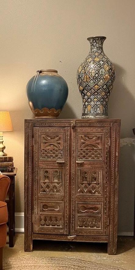 Hand-Carved Solid Wood Moroccan cabinet: Vintage armoire Tribal Bedroom Furniture