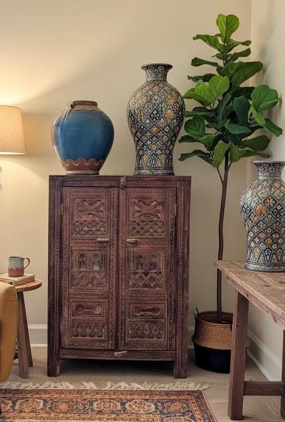 Hand-Carved Solid Wood Moroccan cabinet: Vintage armoire Tribal Bedroom Furniture