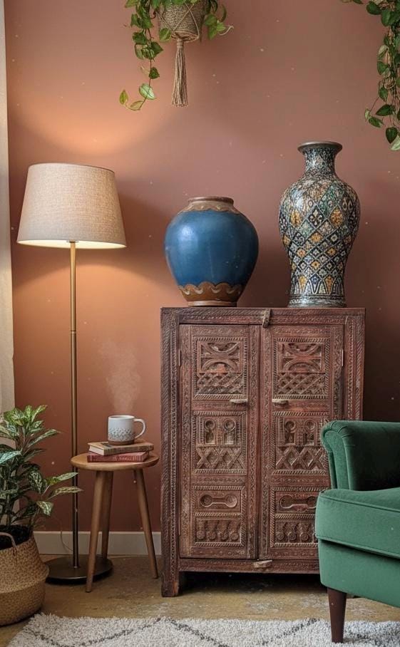 Hand-Carved Solid Wood Moroccan cabinet: Vintage armoire Tribal Bedroom Furniture