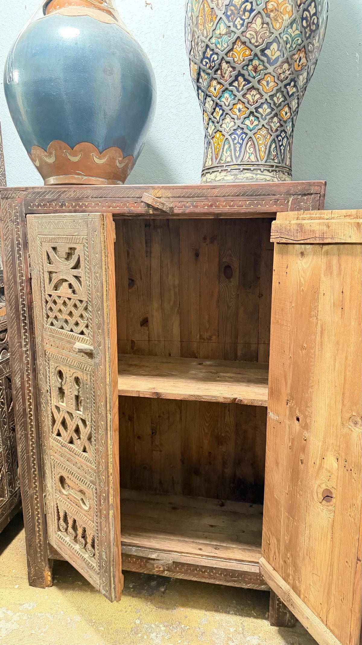 African vintage Hand-Carved Solid Wood Moroccan cabinet: armoire Tribal Bedroom Furniture