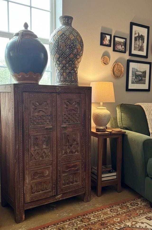 African vintage Hand-Carved Solid Wood Moroccan cabinet: armoire Tribal Bedroom Furniture