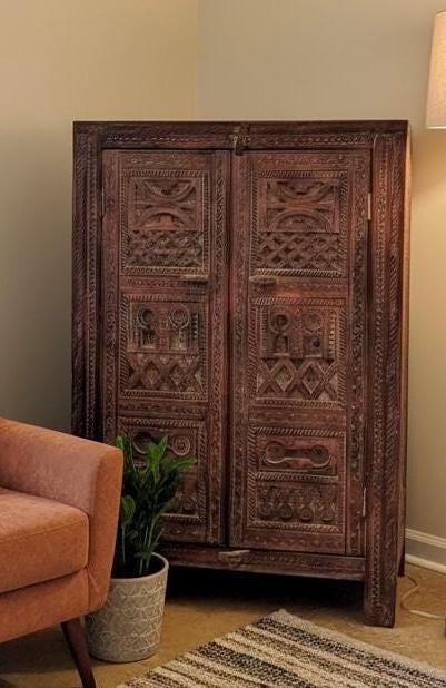 African vintage Hand-Carved Solid Wood Moroccan cabinet: armoire Tribal Bedroom Furniture