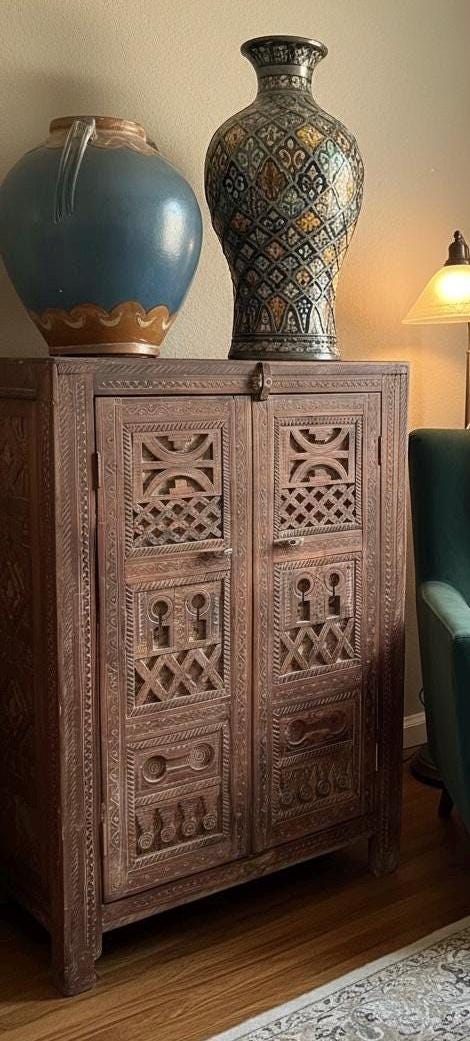 African vintage Hand-Carved Solid Wood Moroccan cabinet: armoire Tribal Bedroom Furniture