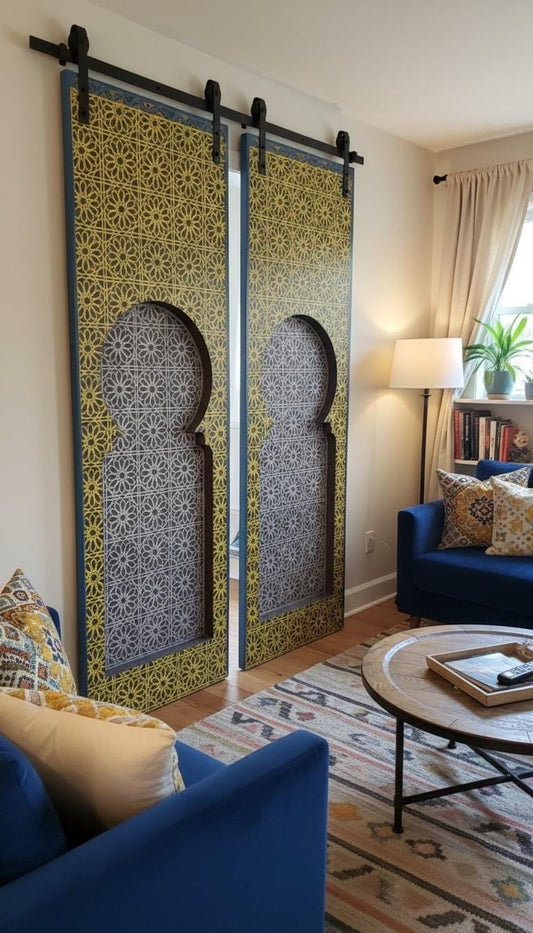 Moroccan painted arched door panels: Vintage moorish sliding barn door style