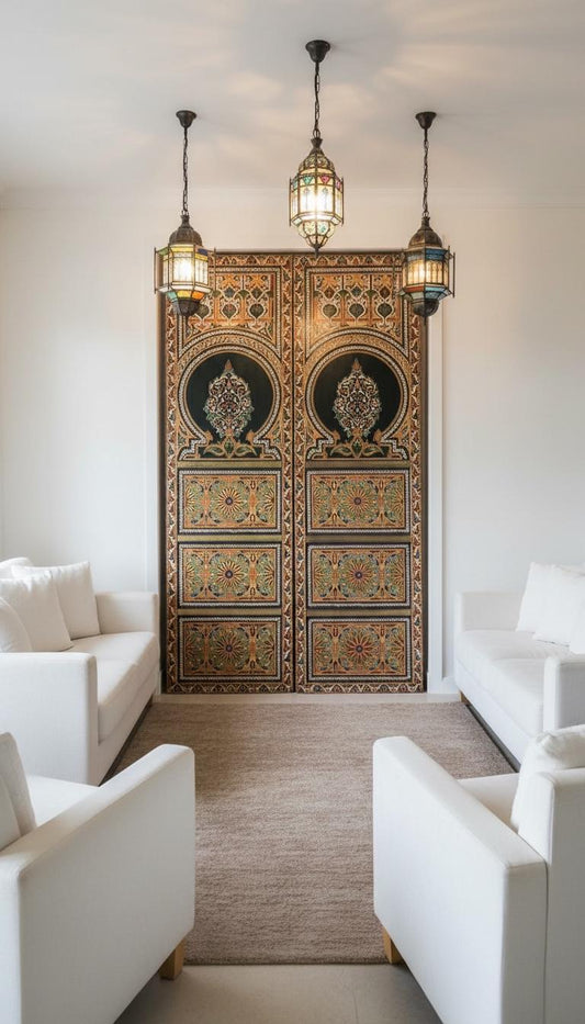 Handmade Extra Large Painted Moroccan Door, Vintage Cedar Artwork