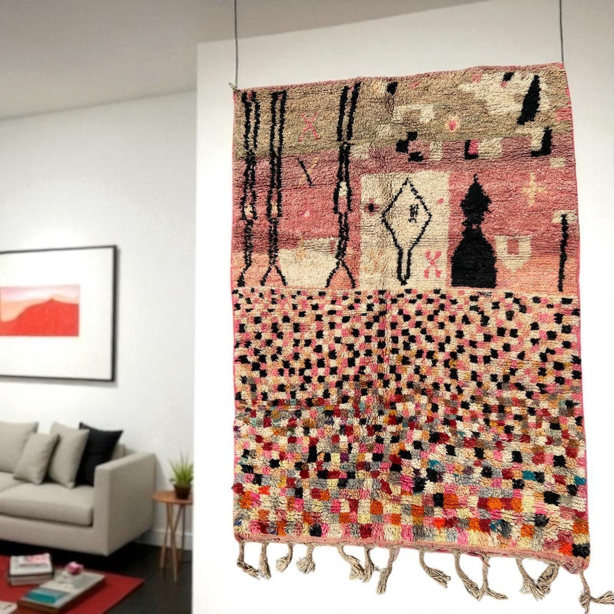Moroccan Berber Wool Carpet | Abstract Wall Hanging Art (80" x 61")