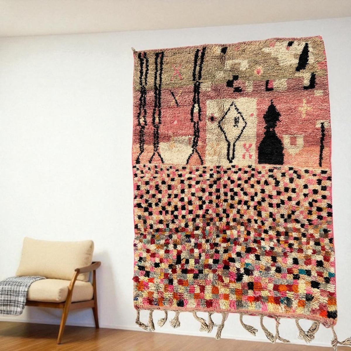 Moroccan Berber Wool Carpet | Abstract Wall Hanging Art (80" x 61")
