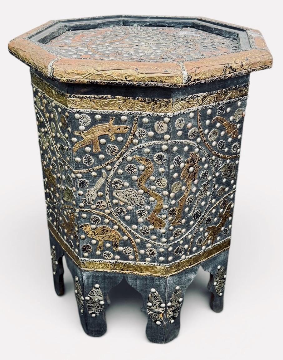 Vintage Moroccan Table, Handmade Berber Wooden Metal Inlay
