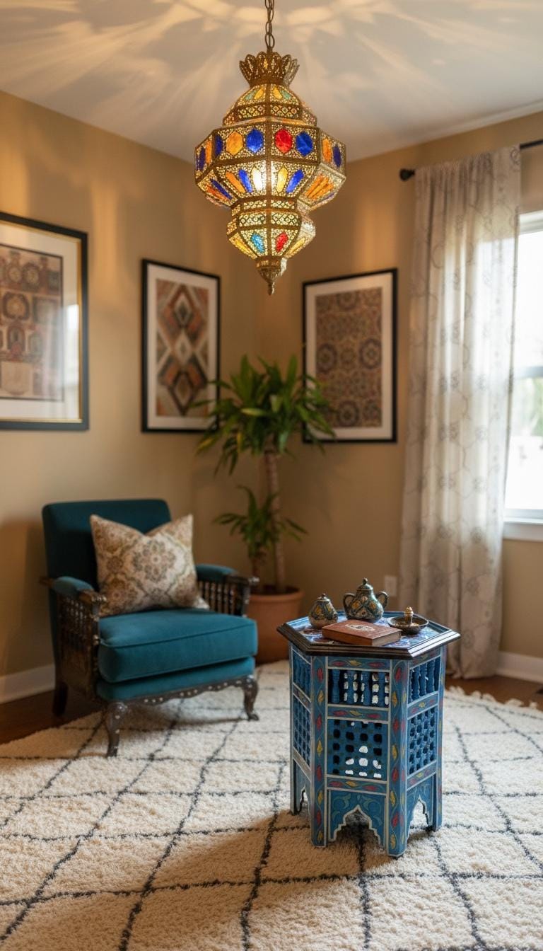 Hand-Painted Moroccan Side Table: Zouaq Artistry, Geometric Wood Furniture