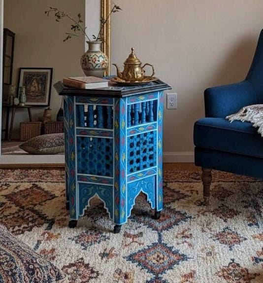 Hand-Painted Moroccan Side Table: Zouaq Artistry, Geometric Wood Furniture