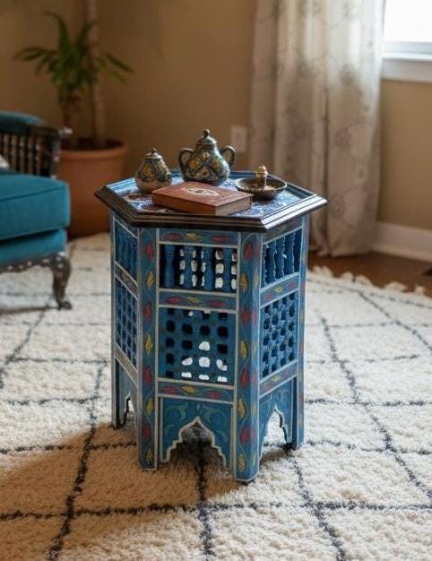 Hand-Painted Moroccan Side Table: Zouaq Artistry, Geometric Wood Furniture