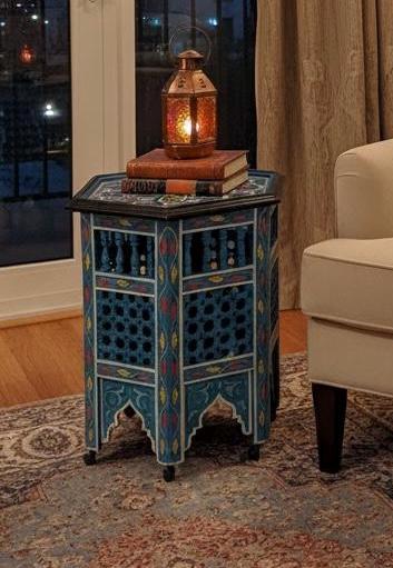 Hand-Painted Moroccan Side Table: Zouaq Artistry, Geometric Wood Furniture