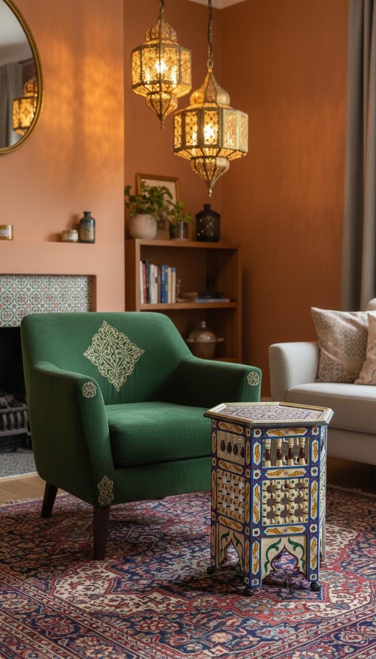 Hand-Painted Moroccan Side Table: Zouaq Artistry, Geometric Patterns, Hexagonal Furniture