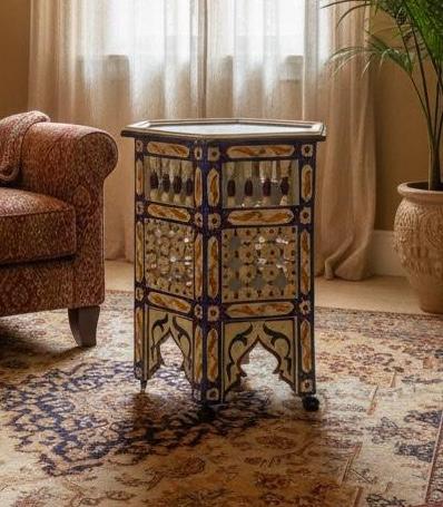 Hand-Painted Moroccan Side Table: Zouaq Artistry, Geometric Patterns, Hexagonal Furniture