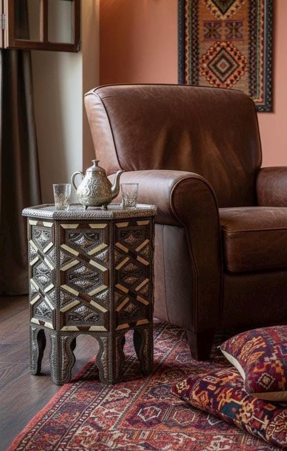 Vintage Moroccan Bone Inlay silver metal side Table: One of a kind Handmade coffee table