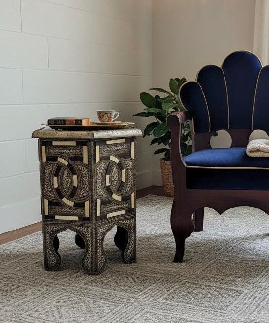 Vintage Moroccan Bone Inlay silver metal side Table: One of a kind Handmade coffee table