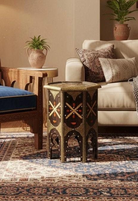 Antique Moroccan Bone Inlay  side Table: One of a kind Handmade coffee table