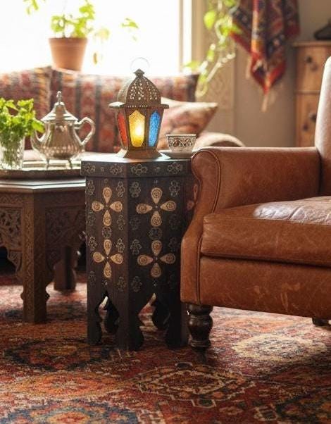 Antique Moroccan Bone Inlay side Table: One of a kind Handmade coffee table