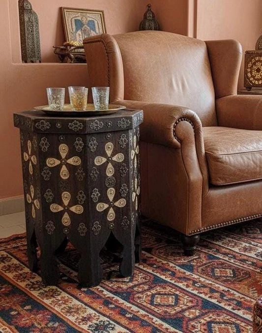 Antique Moroccan Bone Inlay side Table: One of a kind Handmade coffee table