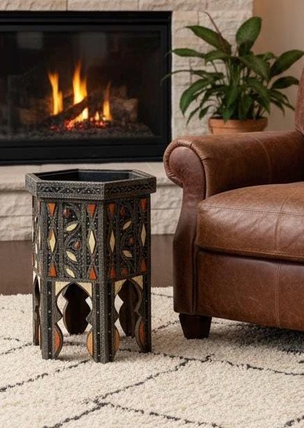 Antique Moroccan Bone Inlay side Table: One of a kind Handmade coffee table
