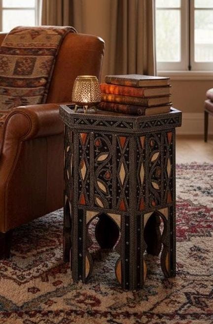 Antique Moroccan Bone Inlay side Table: One of a kind Handmade coffee table