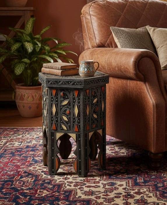 Antique Moroccan Bone Inlay side Table: One of a kind Handmade coffee table