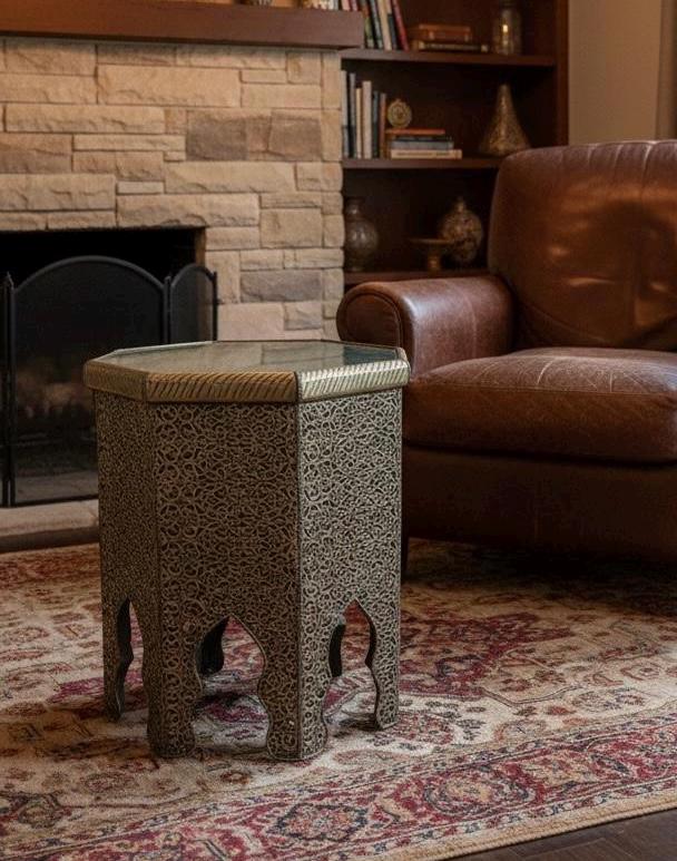 Vintage Moroccan silver metal side Table: One of a kind Handmade coffee table