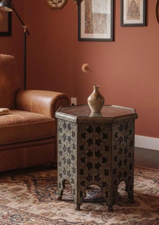Vintage eclectic Moroccan silver metal side Table: One of a kind Handmade coffee table