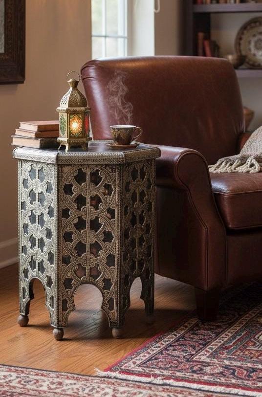 Vintage eclectic Moroccan silver metal side Table: One of a kind Handmade coffee table