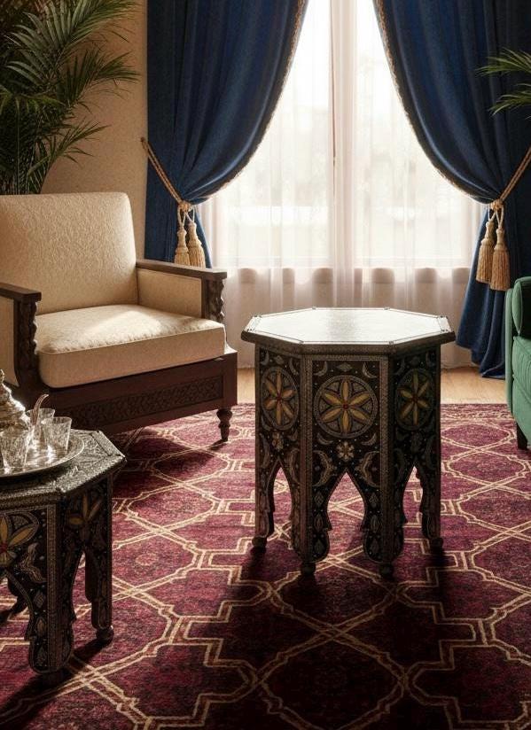 One of a kind vintage unique Bone Inlay side Table: Handmade Moroccan coffee table