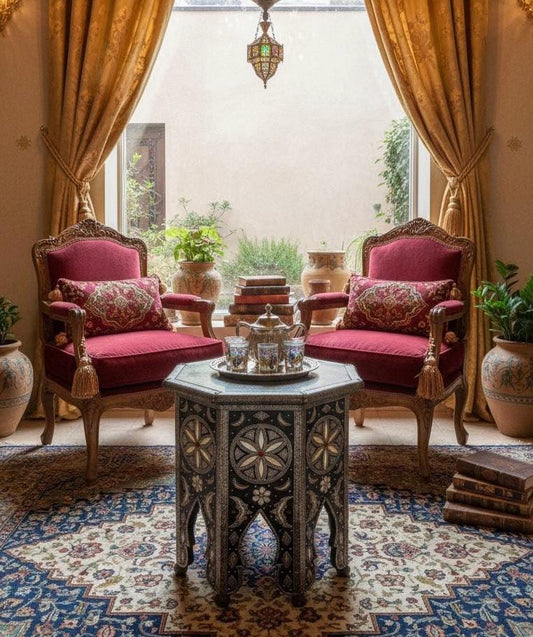 One of a kind vintage unique Bone Inlay side Table: Handmade Moroccan coffee table