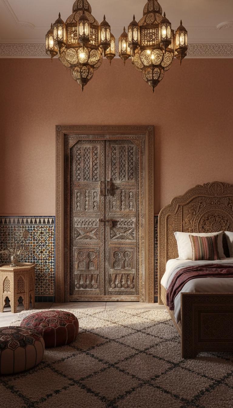 Vintage Carved Cedar Wood Door: Berber Tribal Symbols, 74.5" x 36.5"