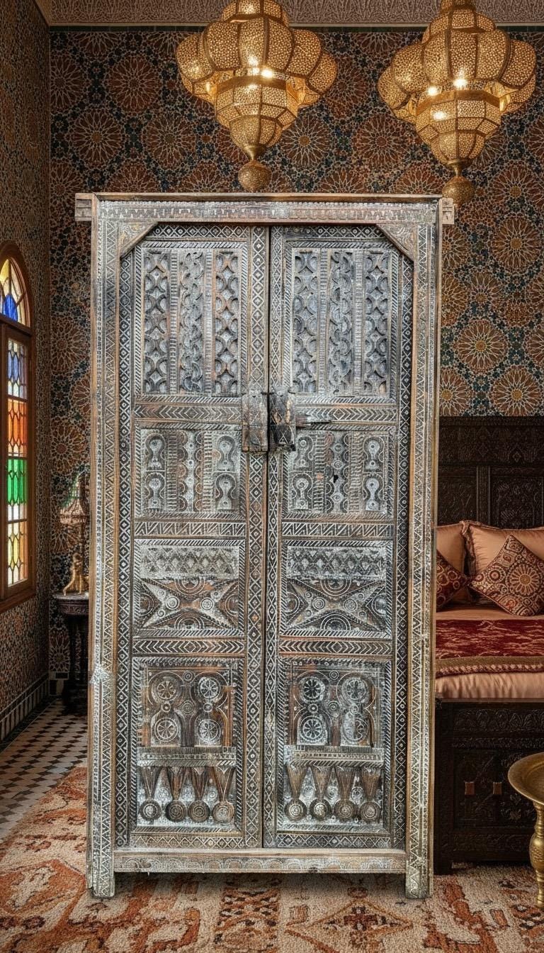 Vintage Carved Cedar Wood Door: Berber Tribal Symbols, 74.5" x 36.5"