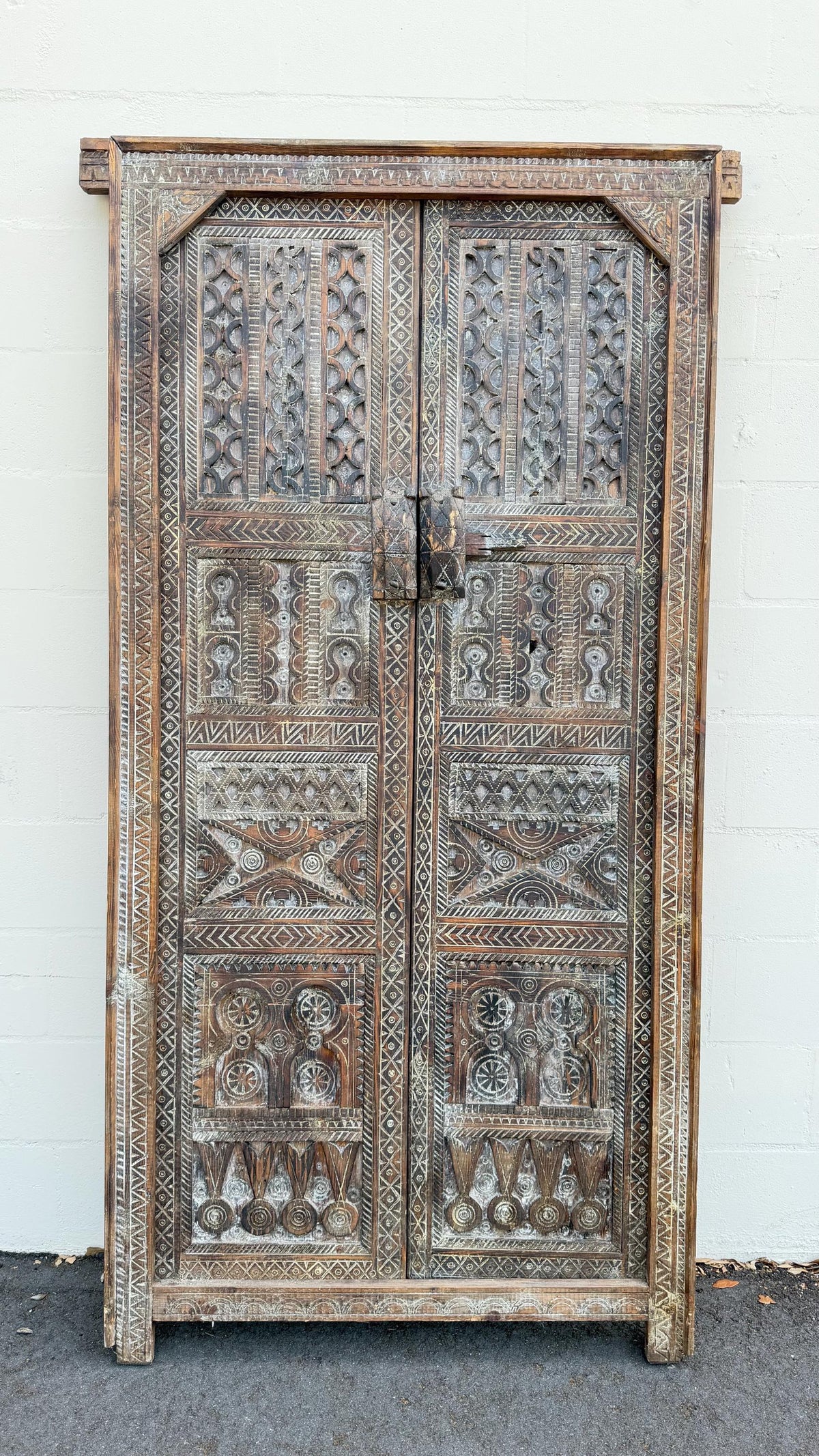 Vintage Carved Cedar Wood Door: Berber Tribal Symbols, 74.5" x 36.5"