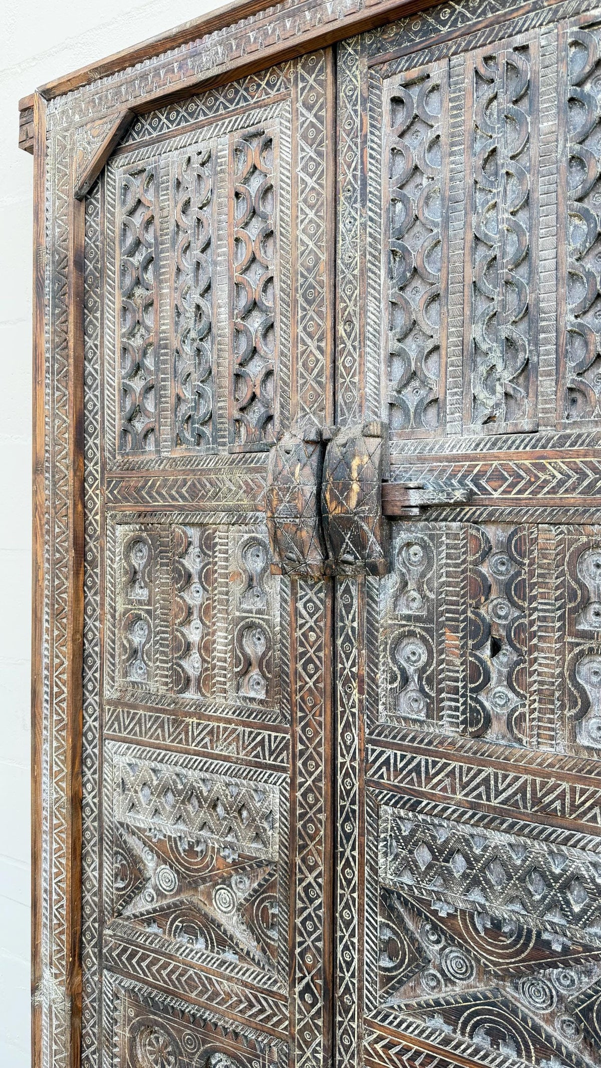 Vintage Carved Cedar Wood Door: Berber Tribal Symbols, 74.5" x 36.5"