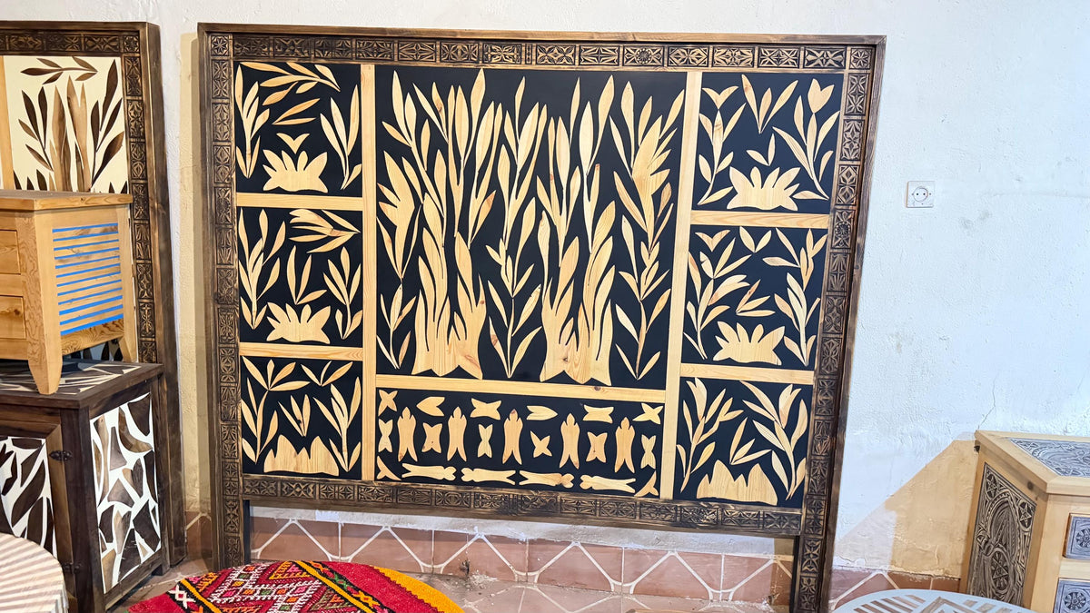 Handmade Inlaid walnut wood resin Headboard: Moroccan  Bedroom furniture Tree of life