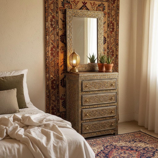 Rare Vintage Moroccan dark orange Bone Inlay Console cabinet with Mirror
