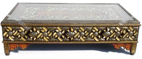 Eclectic Vintage Moroccan Inlay Table: Bone Silver, Geometric Artwork