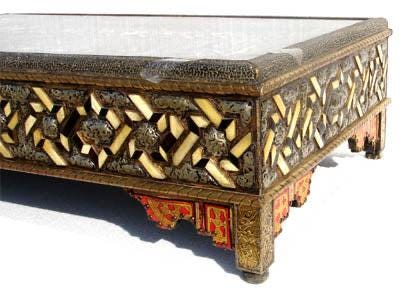 Eclectic Vintage Moroccan Inlay Table: Bone Silver, Geometric Artwork