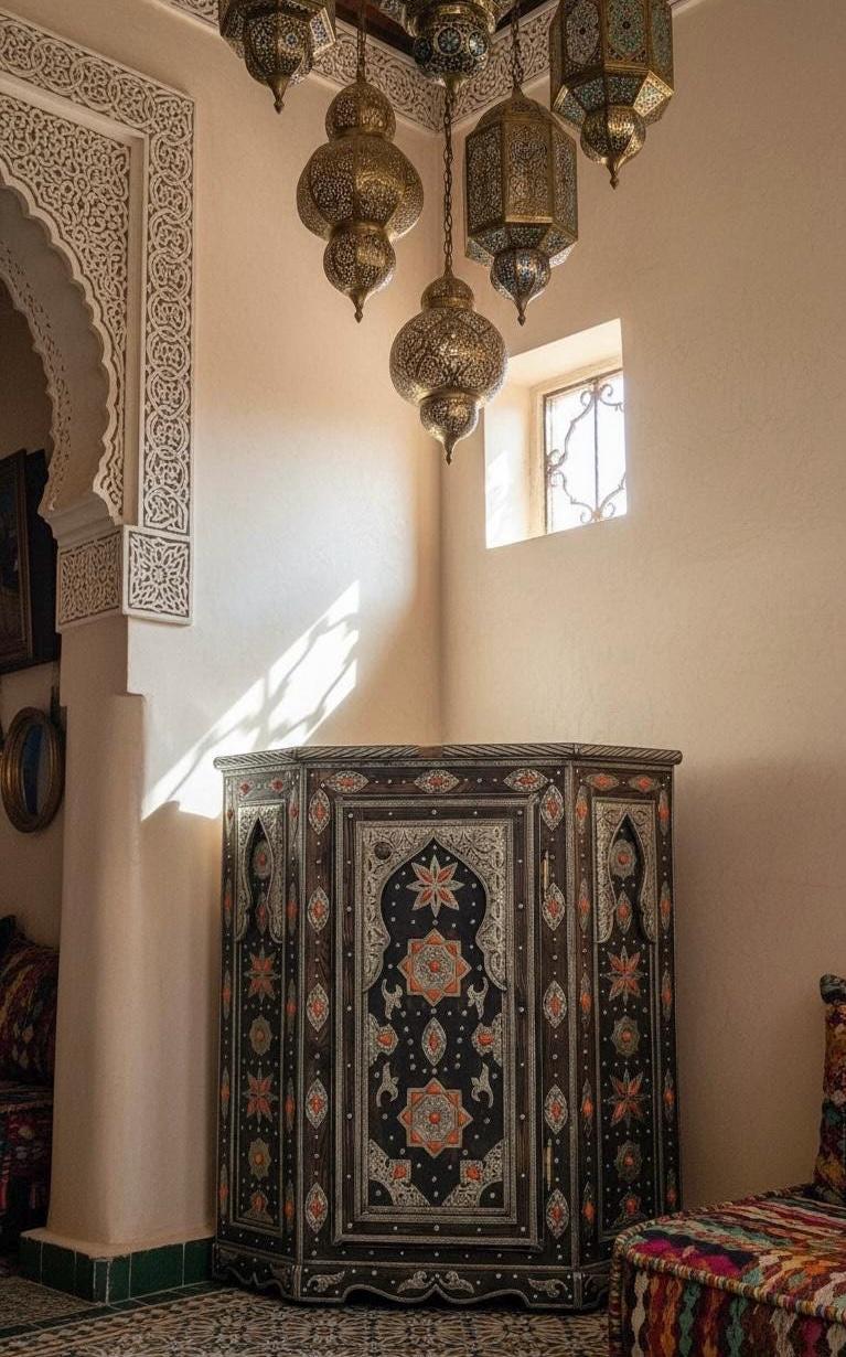 Handcrafted Inlay Bone Corner Cabinet - Moroccan Berber Ethnic Decor