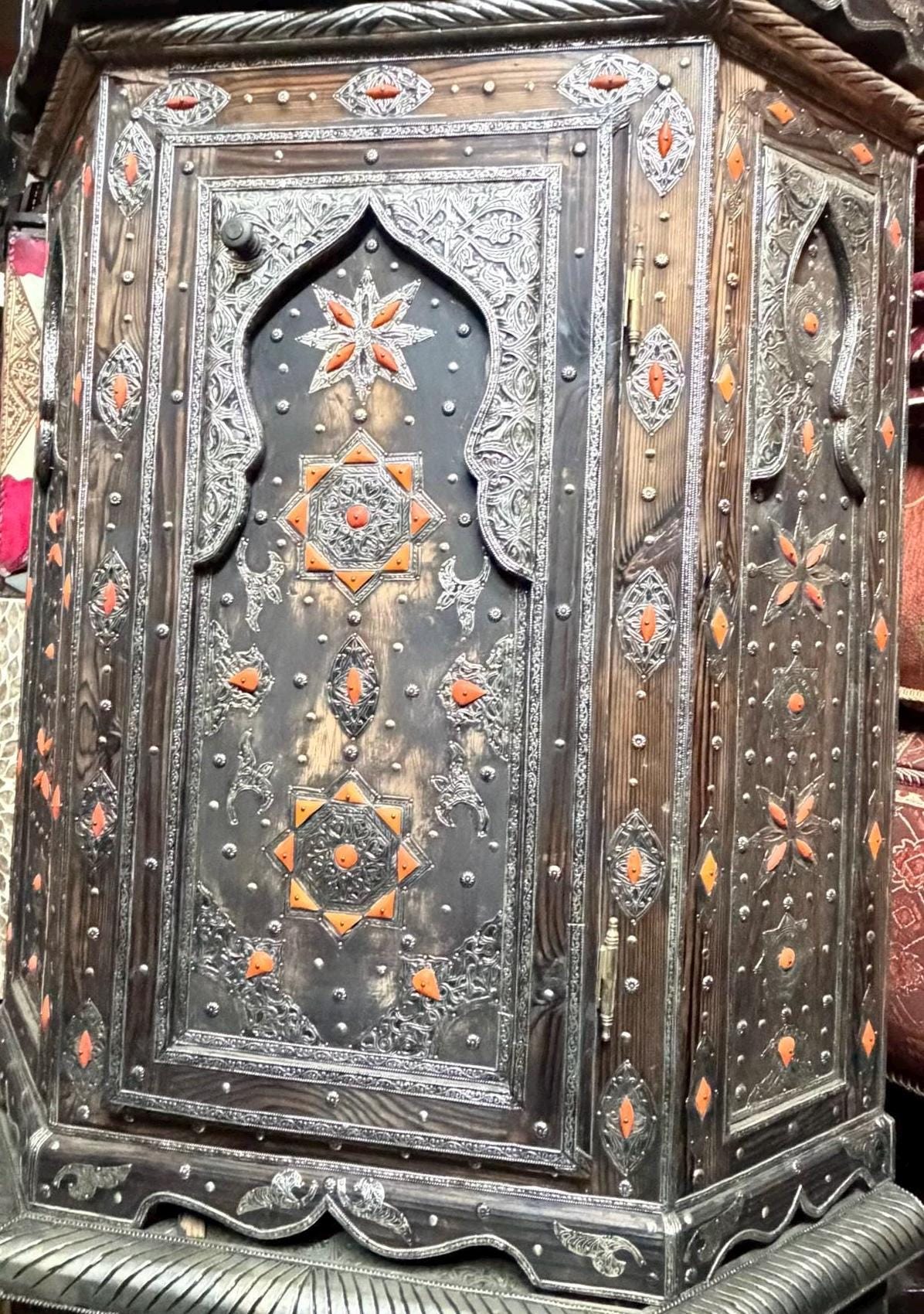Handcrafted Inlay Bone Corner Cabinet - Moroccan Berber Ethnic Decor