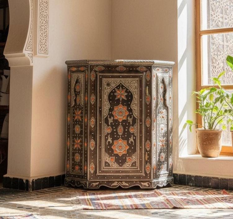 Handcrafted Inlay Bone Corner Cabinet - Moroccan Berber Ethnic Decor